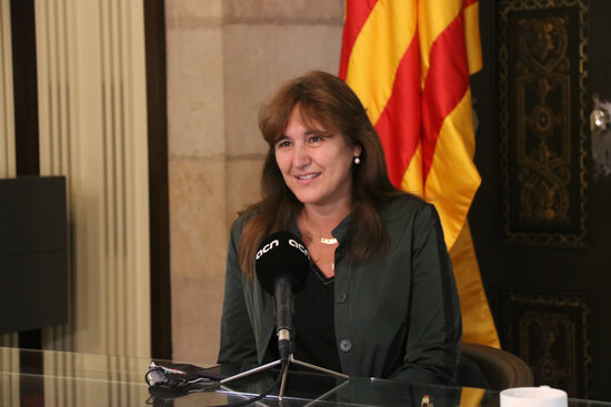 JxCat politician Laura Borràs giving an interview to the Catalan News Agency on April 30, 2021 (by Mariona Puig)